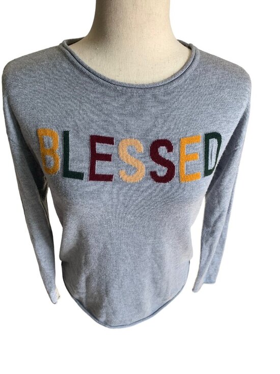 Rachel Zoe Pullover Sweater Cashmere Blend Gray Small Block Letters 'BLESSED' - Picture 1 of 7